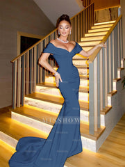 Off The Shoulder Sleeveless Long Mermaid Formal Dress With Pleated