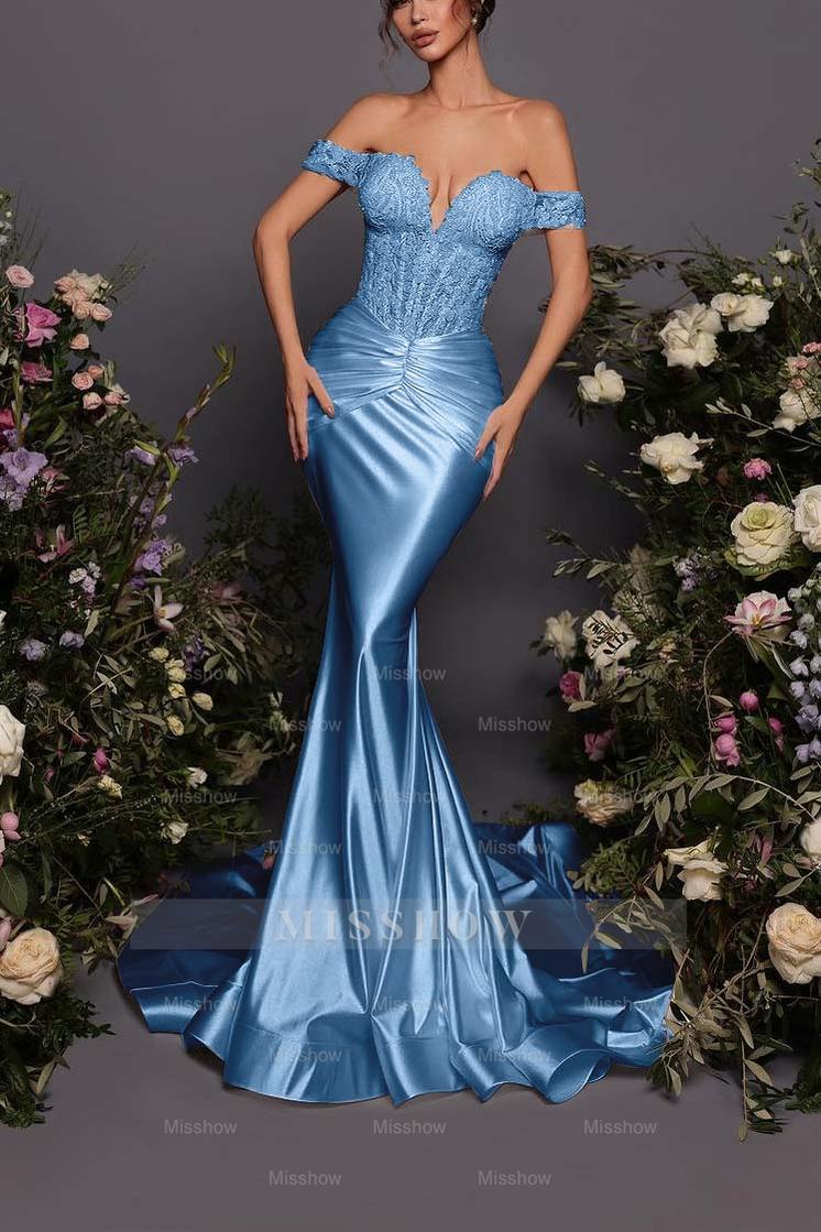 Off The Shoulder Sleeveless Long Mermaid Formal Dress With Pleated