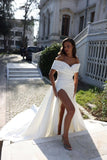 Off The Shoulder Stain Split Front Mermaid Princess Wedding Dress with Ruffles