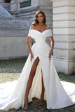 Off The Shoulder Stain Split Front Mermaid Princess Wedding Dress with Ruffles