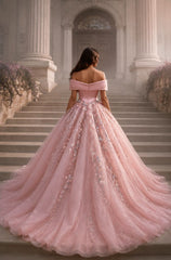 Off-the-Shoulder 3D Floral Applique Sequin Tulle Ball Gown Prom Dress Cathedral Train