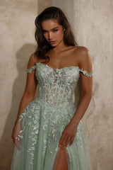 Off-the-Shoulder 3D Lace Applique Sheer Corset A-Line Tulle Prom Dress High Split Lace-Up Back Floor Length