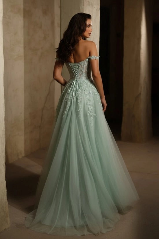 Off-the-Shoulder 3D Lace Applique Sheer Corset A-Line Tulle Prom Dress High Split Lace-Up Back Floor Length