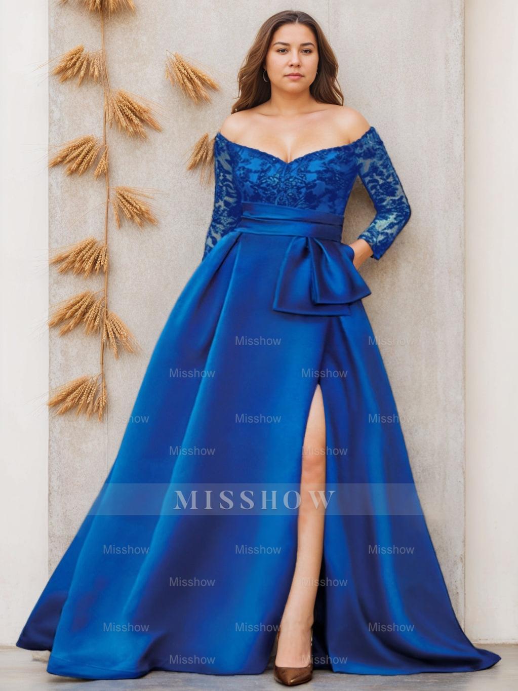 Off-the-Shoulder A-Line Floor-Length Mother of the Bride Dress with 3/4 Sleeves and Side Split