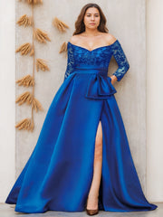 Off-the-Shoulder A-Line Princess Floor-Length Plus Size Mother of the Bride Dress with 3/4 Sleeves and Side Split