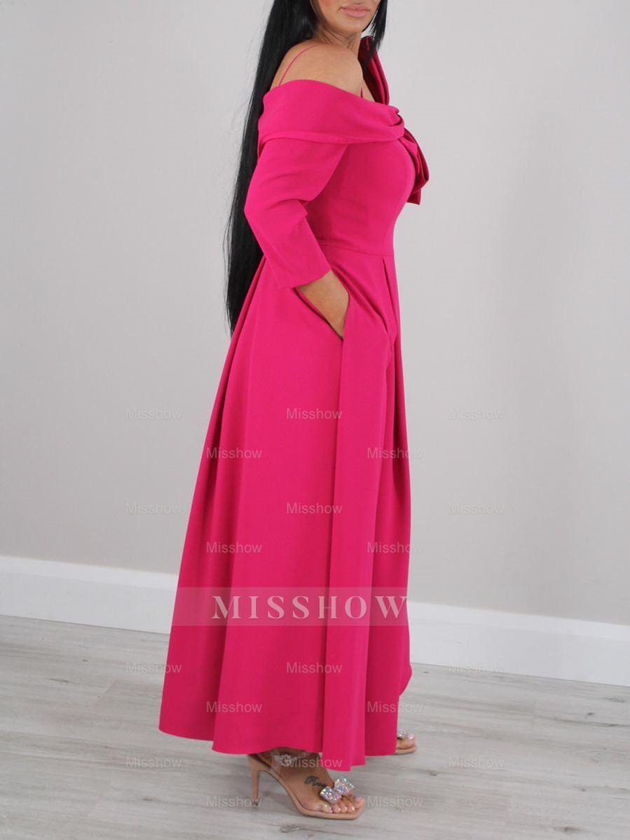 Off-the-Shoulder A-Line/Princess Ankle-Length Mother of the Bride Dress with Bow(s) and 3/4 Sleeves