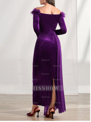 Off-the-Shoulder Asymmetrical Long Sleeve Sheath/Column Dress with Feather for Mother of the Bride & Groom