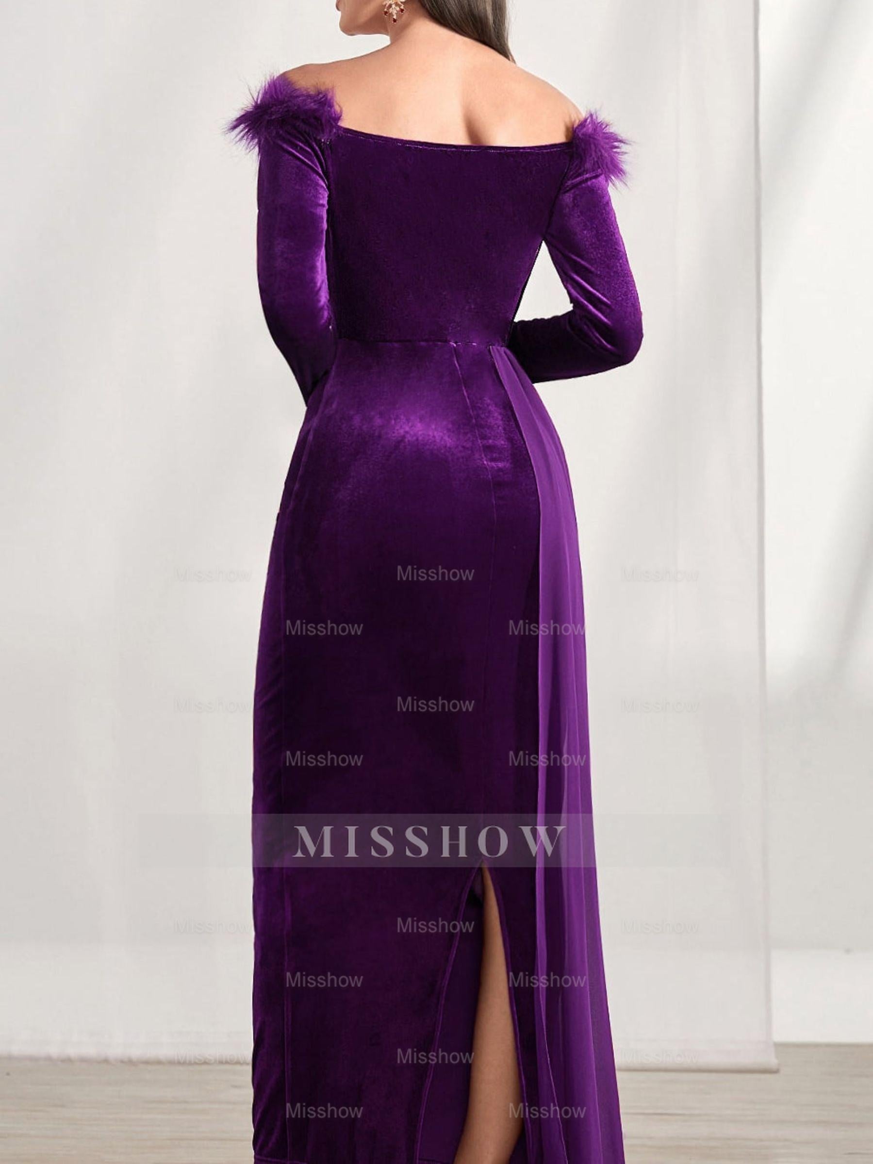 Off-the-Shoulder Asymmetrical Long Sleeve Sheath/Column Dress with Feather for Mother of the Bride & Groom