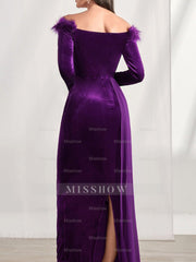Off-the-Shoulder Asymmetrical Long Sleeve Sheath/Column Dress with Feather for Mother of the Bride & Groom