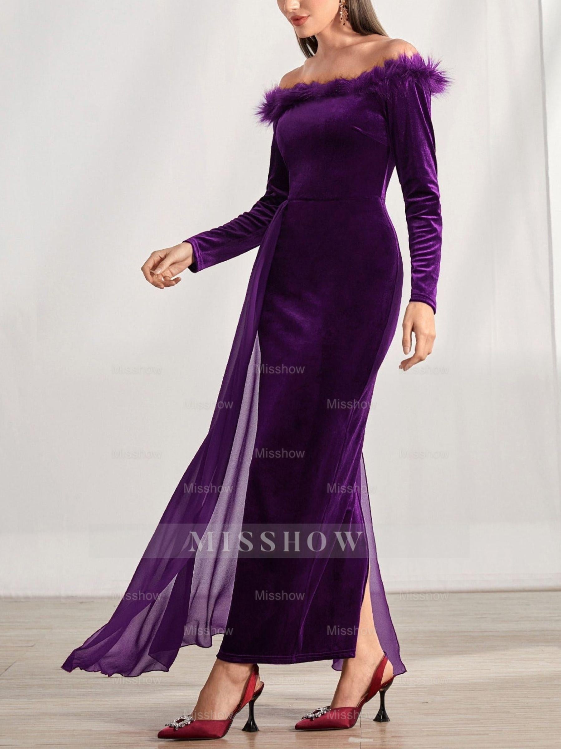 Off-the-Shoulder Asymmetrical Long Sleeve Sheath/Column Dress with Feather for Mother of the Bride & Groom