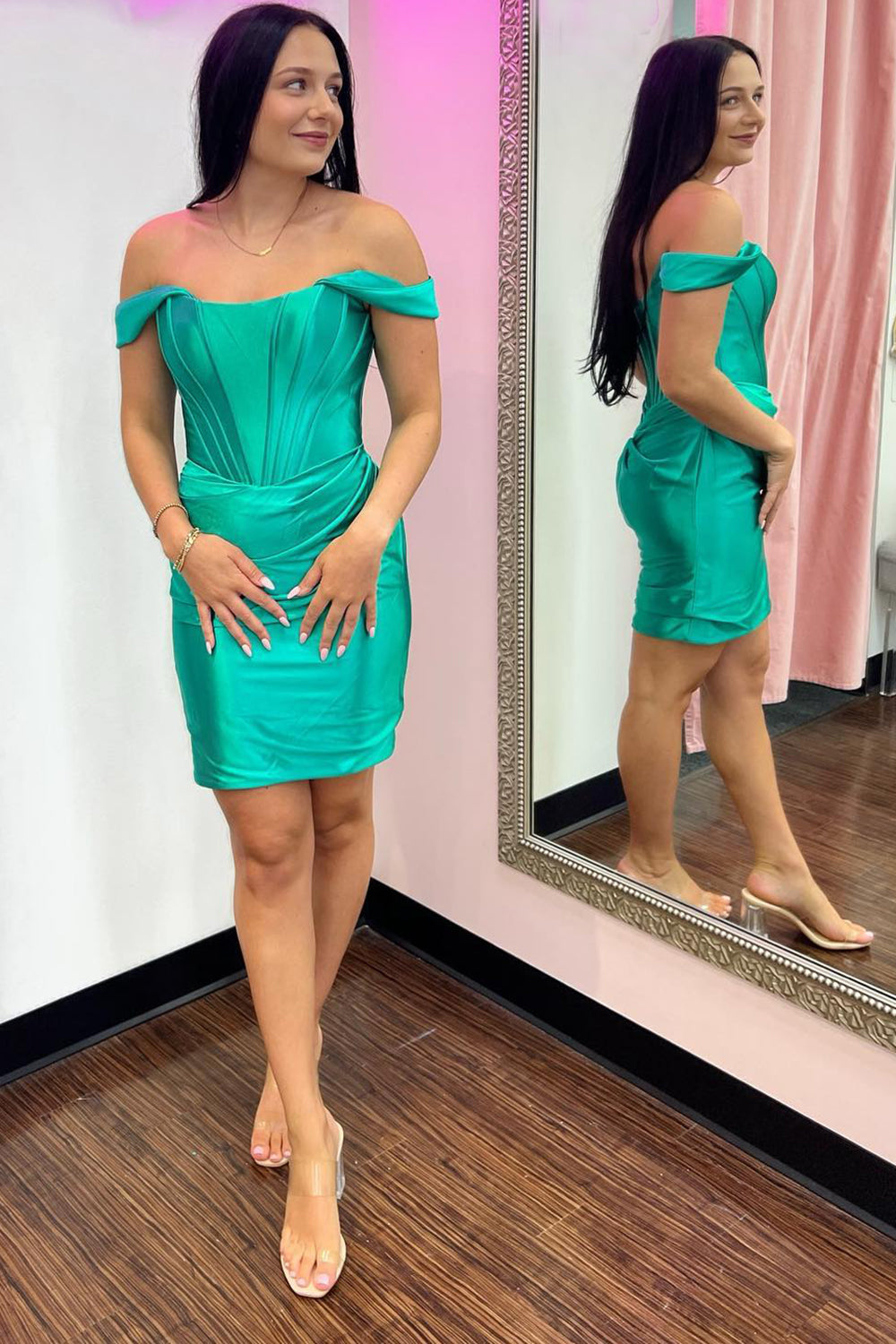 Off-the-Shoulder Corset Boning Bodice Ruched Twist Front Satin Lace-Up Open Back Bodycon Homecoming Dress Mini