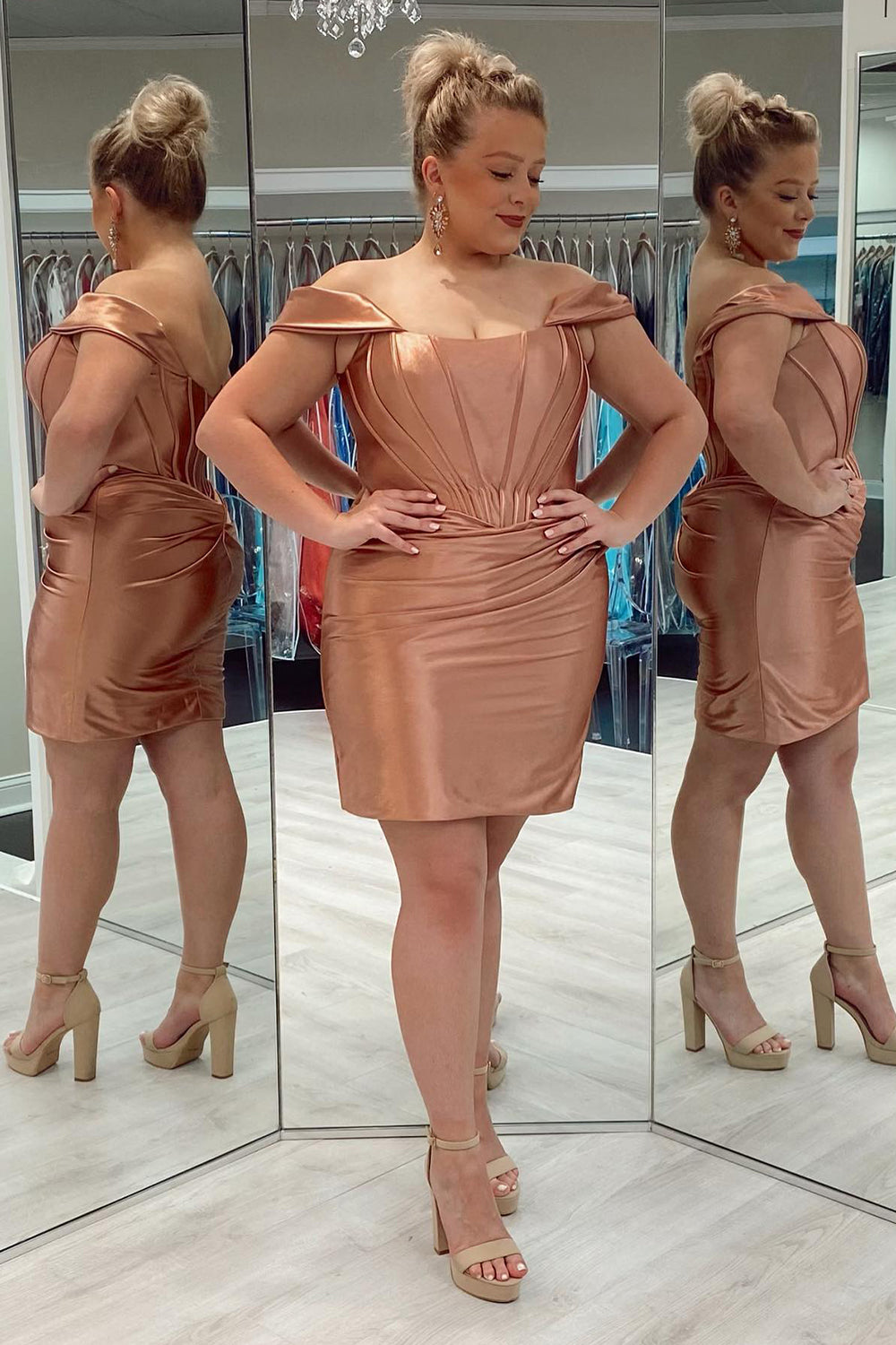 Off-the-Shoulder Corset Boning Bodice Ruched Twist Front Satin Lace-Up Open Back Bodycon Homecoming Dress Mini