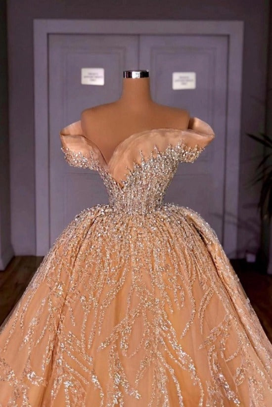 Off-the-Shoulder Crystal Rhinestone Sequin Encrusted Ball Gown Champagne Gold Princess Wedding Dress Cathedral Train