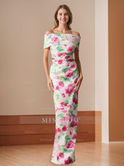 Off-the-Shoulder Floor-Length Floral Printed Sheath/Column Mother of the Bride Dresses with Ruches