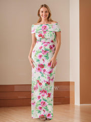 Off-the-Shoulder Floor-Length Floral Printed Sheath/Column Mother of the Bride Dresses with Ruches