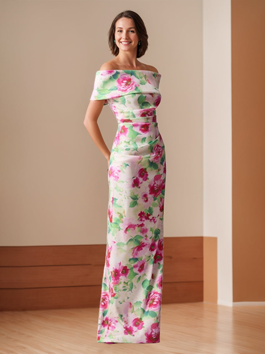 Off-the-Shoulder Floor-Length Floral Printed Sheath/Column Mother of the Bride Dresses with Ruches