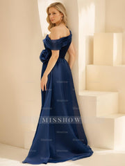 Off-the-Shoulder Floor-Length Mother of the Bride & Groom Dress with Long Sleeves Flower and Overskirt