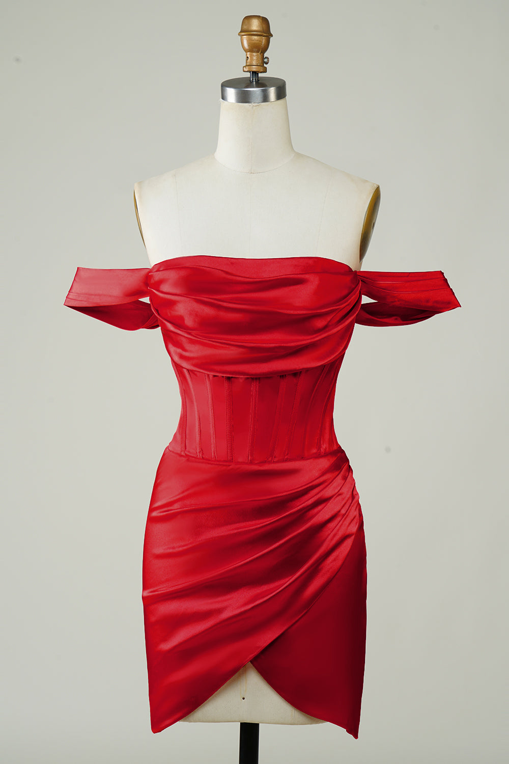 Off-the-Shoulder Folded Drape Corset Boning Bodice Satin Ruched Wrap Skirt Asymmetrical Hem Side Split Bodycon Homecoming Dress Mini