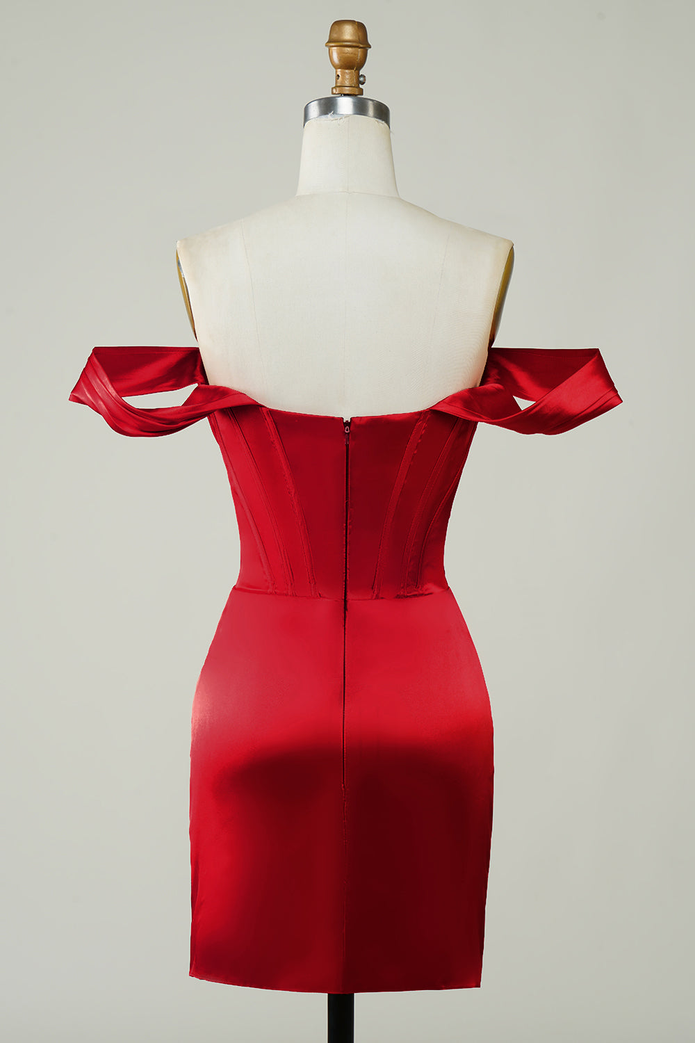 Off-the-Shoulder Folded Drape Corset Boning Bodice Satin Ruched Wrap Skirt Asymmetrical Hem Side Split Bodycon Homecoming Dress Mini