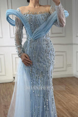Off the Shoulder Long Sleeves Long Formal Dress With Appliques