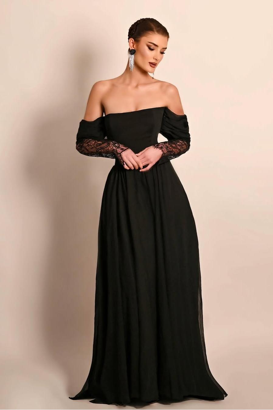Off the Shoulder Long Sleeves Long Formal Dress With Lace Pleated