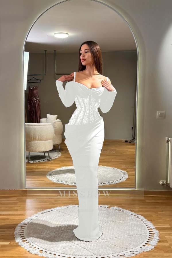 Off the Shoulder Long Sleeves Long Formal Dress With Sequins Pleated