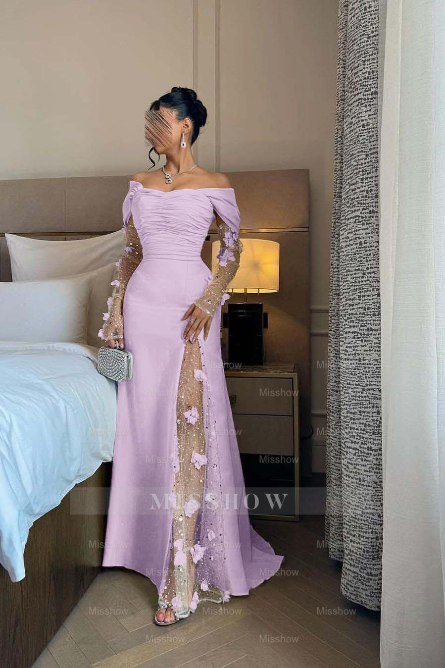 Off the Shoulder Long Sleeves Long Formal Dress With Split Appliques