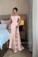 Off the Shoulder Long Sleeves Long Formal Dress With Split Appliques