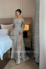 Off the Shoulder Long Sleeves Long Formal Dress With Split Appliques