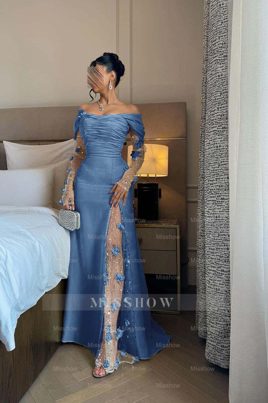 Off the Shoulder Long Sleeves Long Formal Dress With Split Appliques