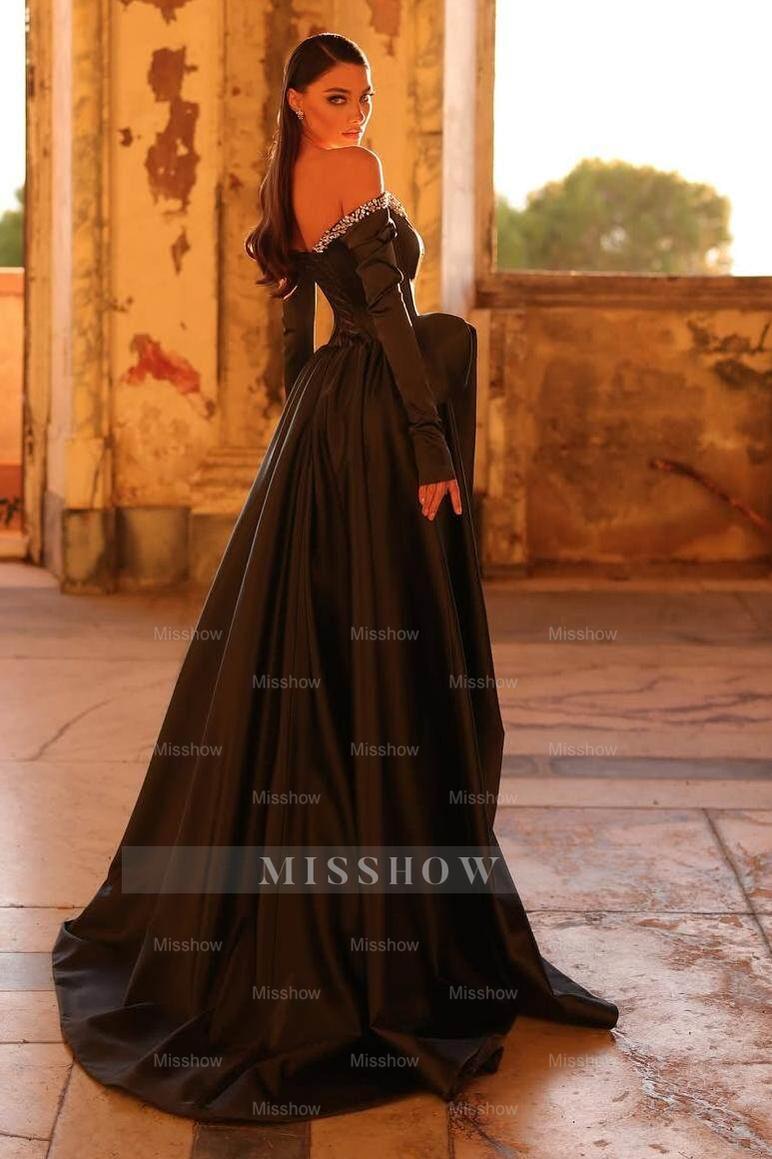 Off the Shoulder Long Sleeves Long Split Formal Dress With Beading