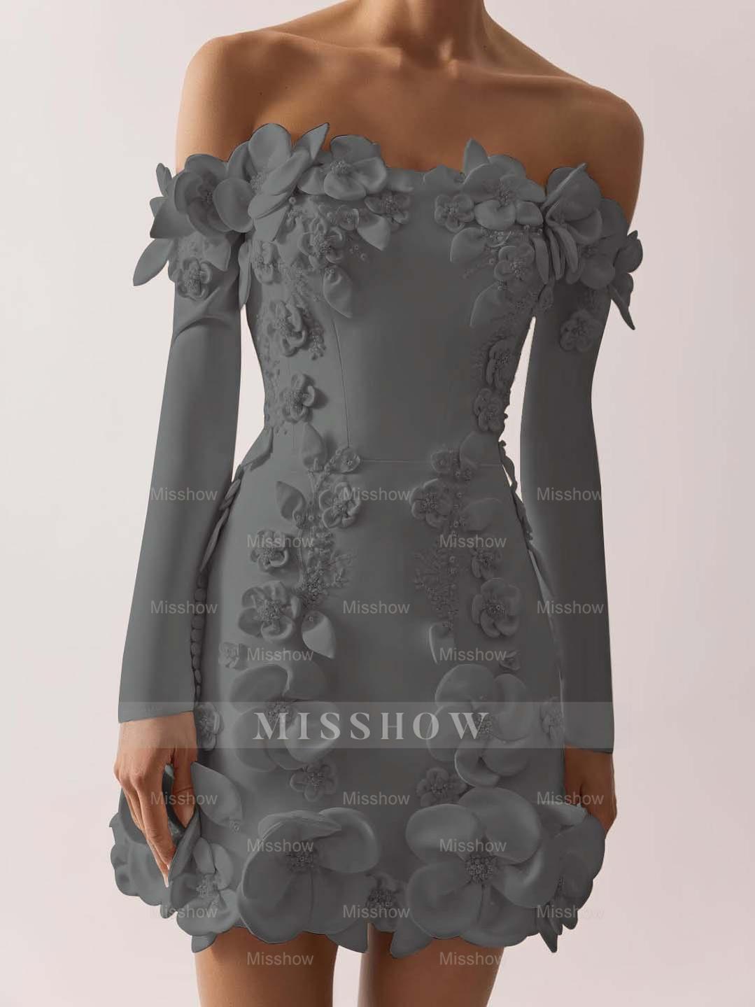 Off the Shoulder Long Sleeves Short Formal Dress With Appliques