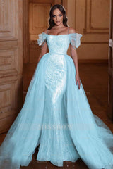 Off the Shoulder Mermaid Formal Dress Tulle Ruffles With Appliques