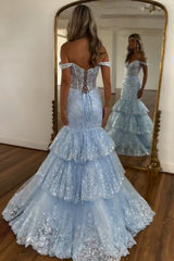 Off-the-Shoulder Mermaid Prom Dress in Light Blue with Tiered Tulle and Sequins