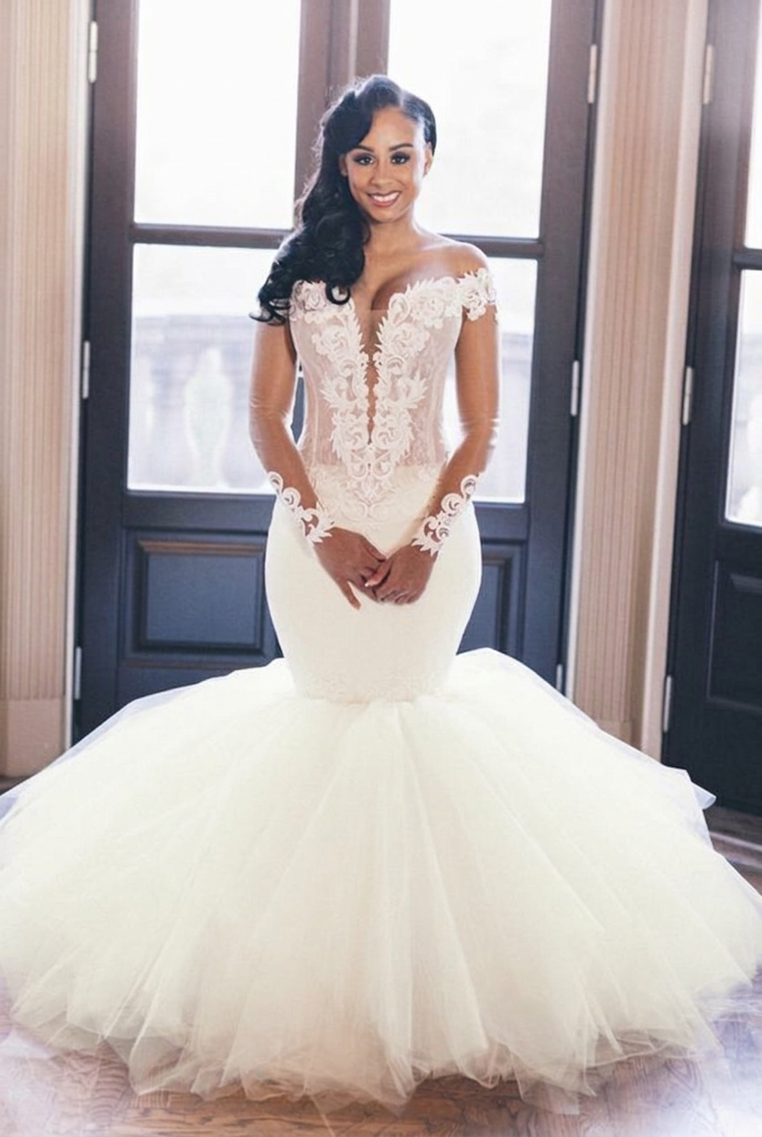 Ivory off-the-shoulder tulle mermaid wedding dress