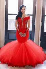 Red off-the-shoulder tulle mermaid wedding dress