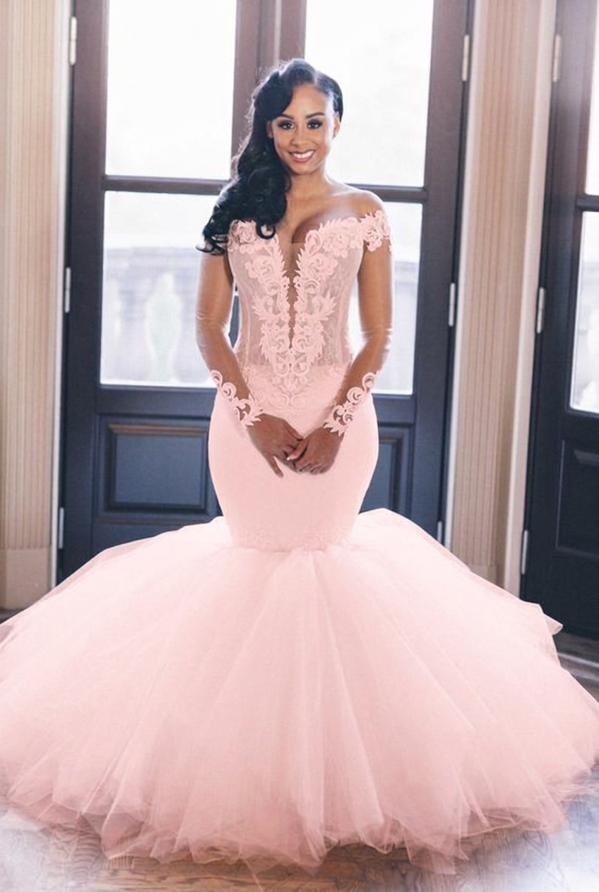 Blushing pink off-the-shoulder tulle mermaid wedding dress
