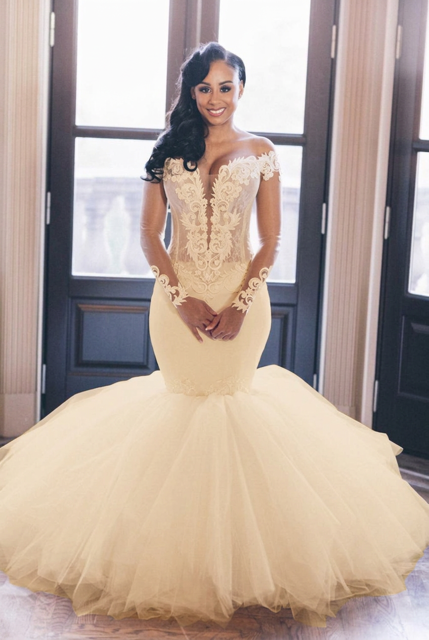 Champagne off-the-shoulder tulle mermaid wedding dress