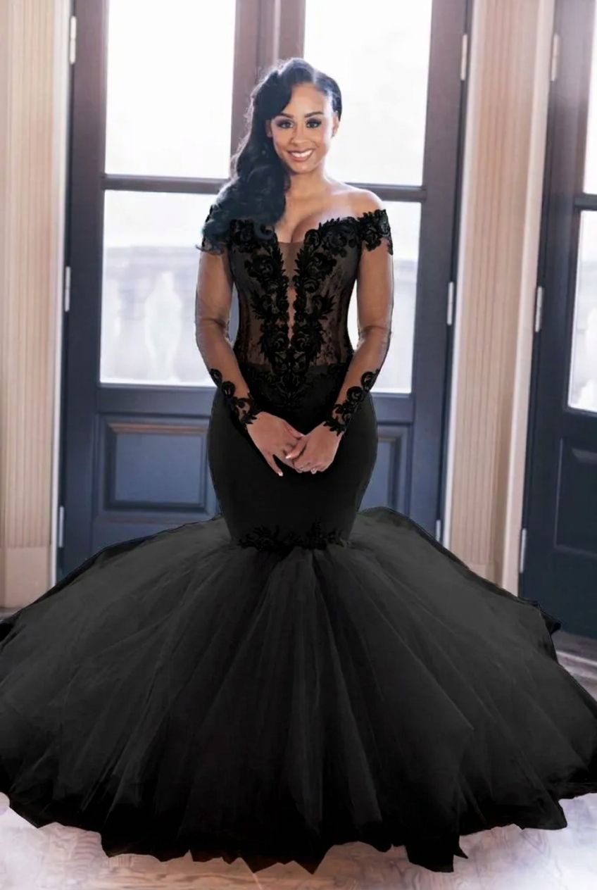 Black off-the-shoulder tulle mermaid wedding dress