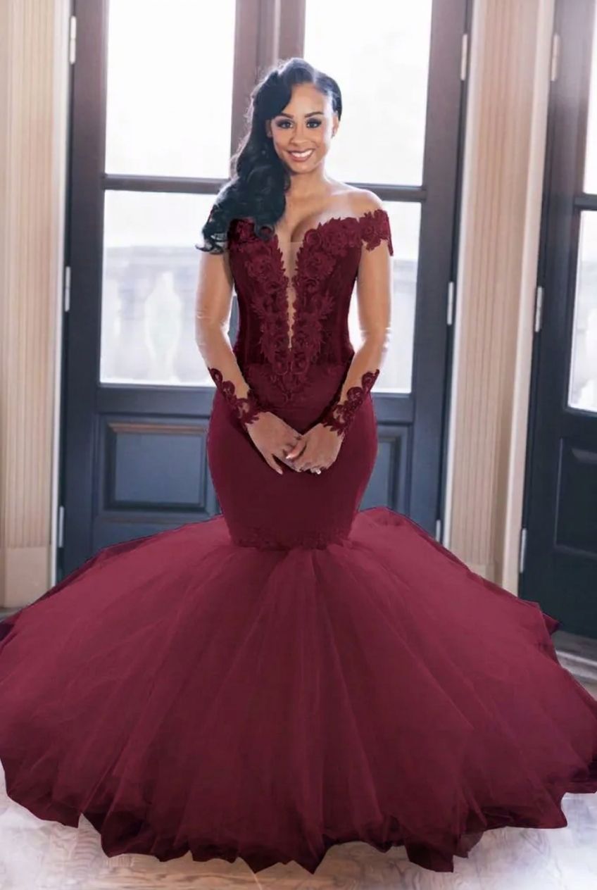 Burgundy off-the-shoulder tulle mermaid wedding dress