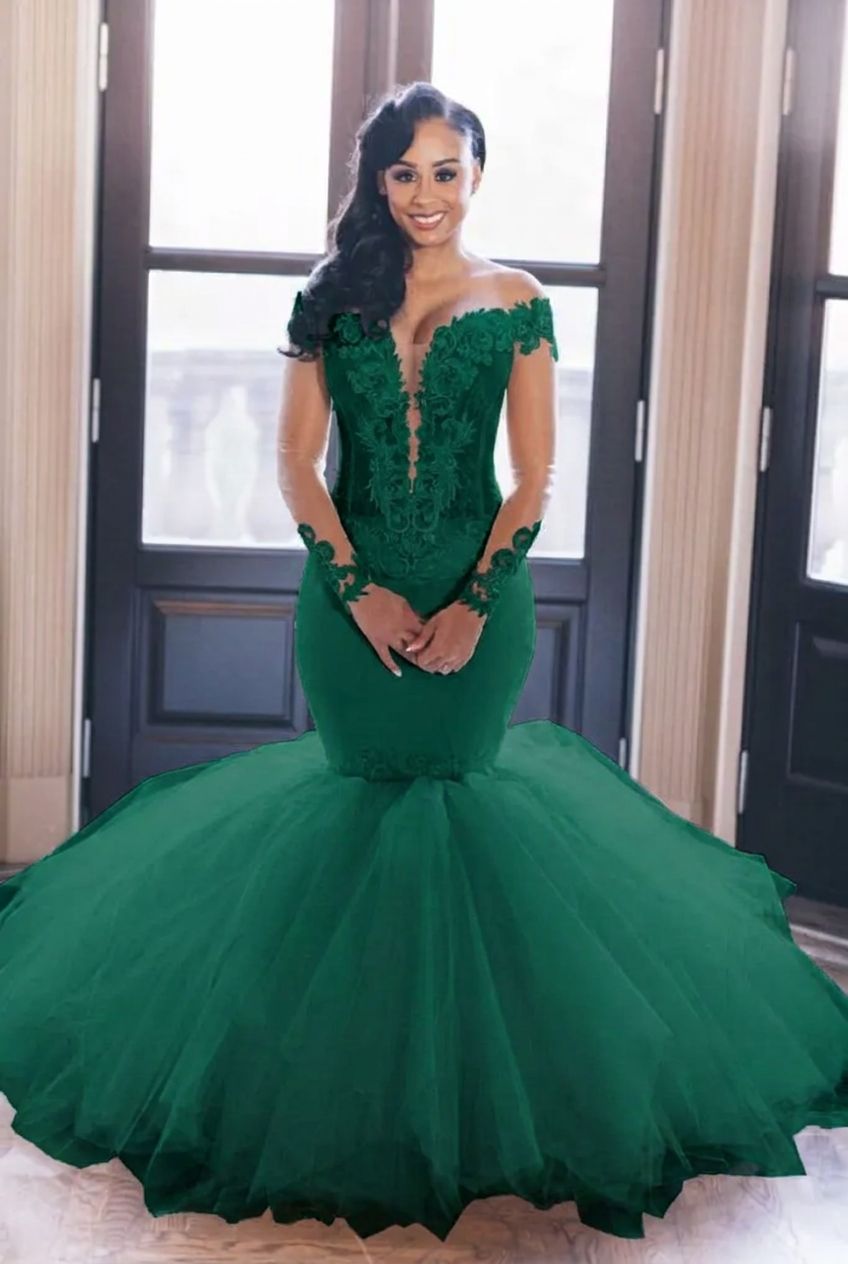Dark green off-the-shoulder tulle mermaid wedding dress