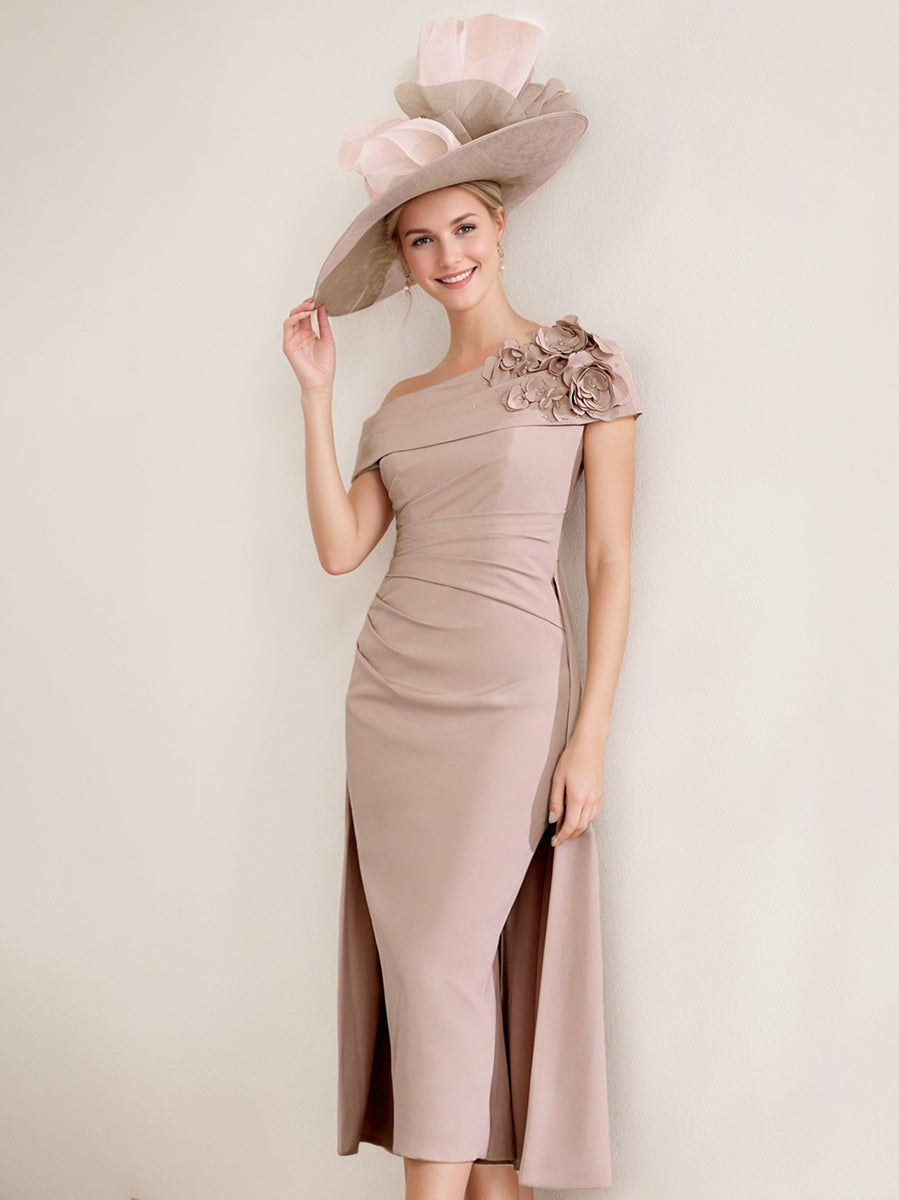 Off-the-Shoulder Pleated Tea-Length Mother of the Bride Dresses with 3D Flower in Sheath/Column Style