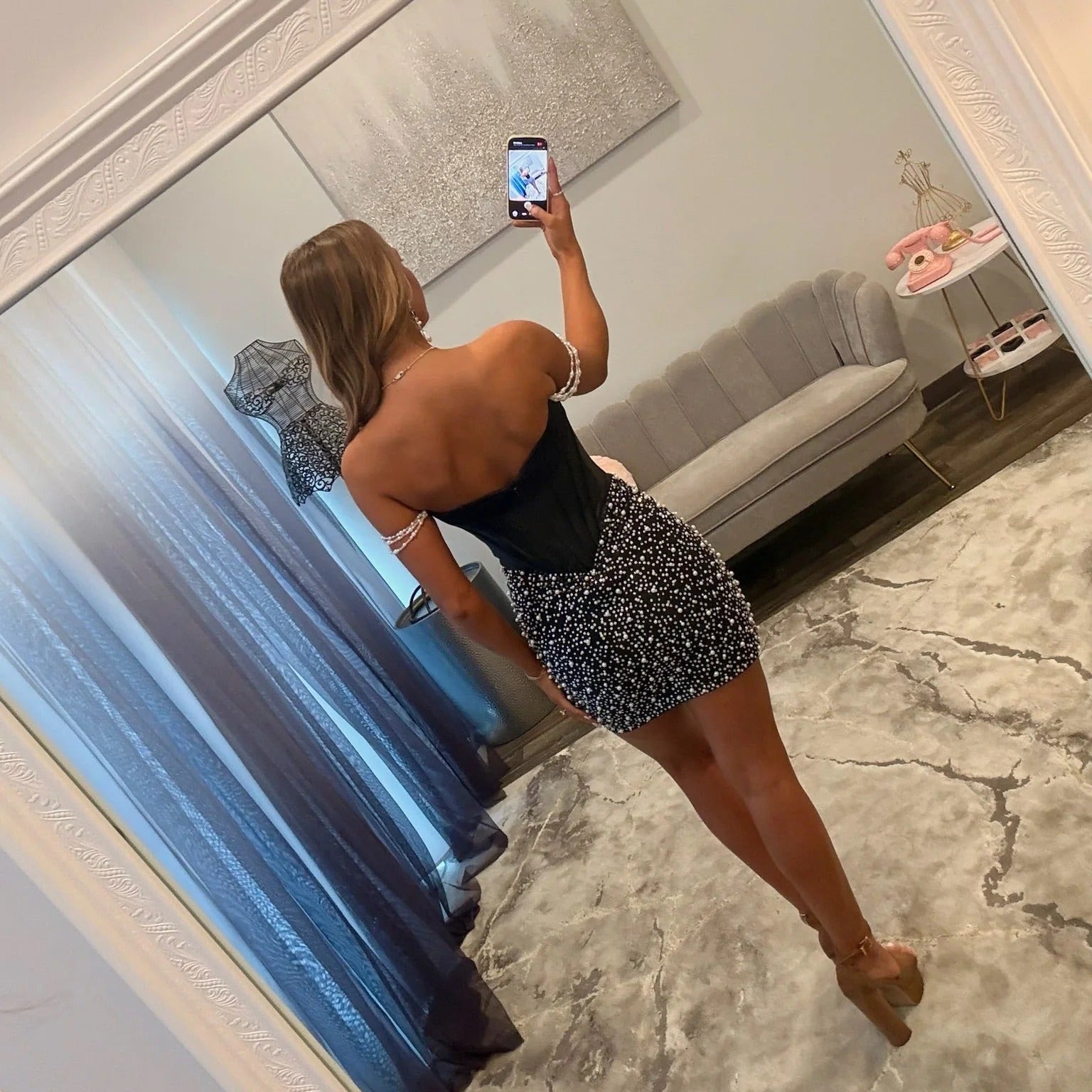 Off-the-Shoulder Ruched Satin Boned Corset Pearl Chain Straps Pearl Beading Bodycon Homecoming Dress Mini