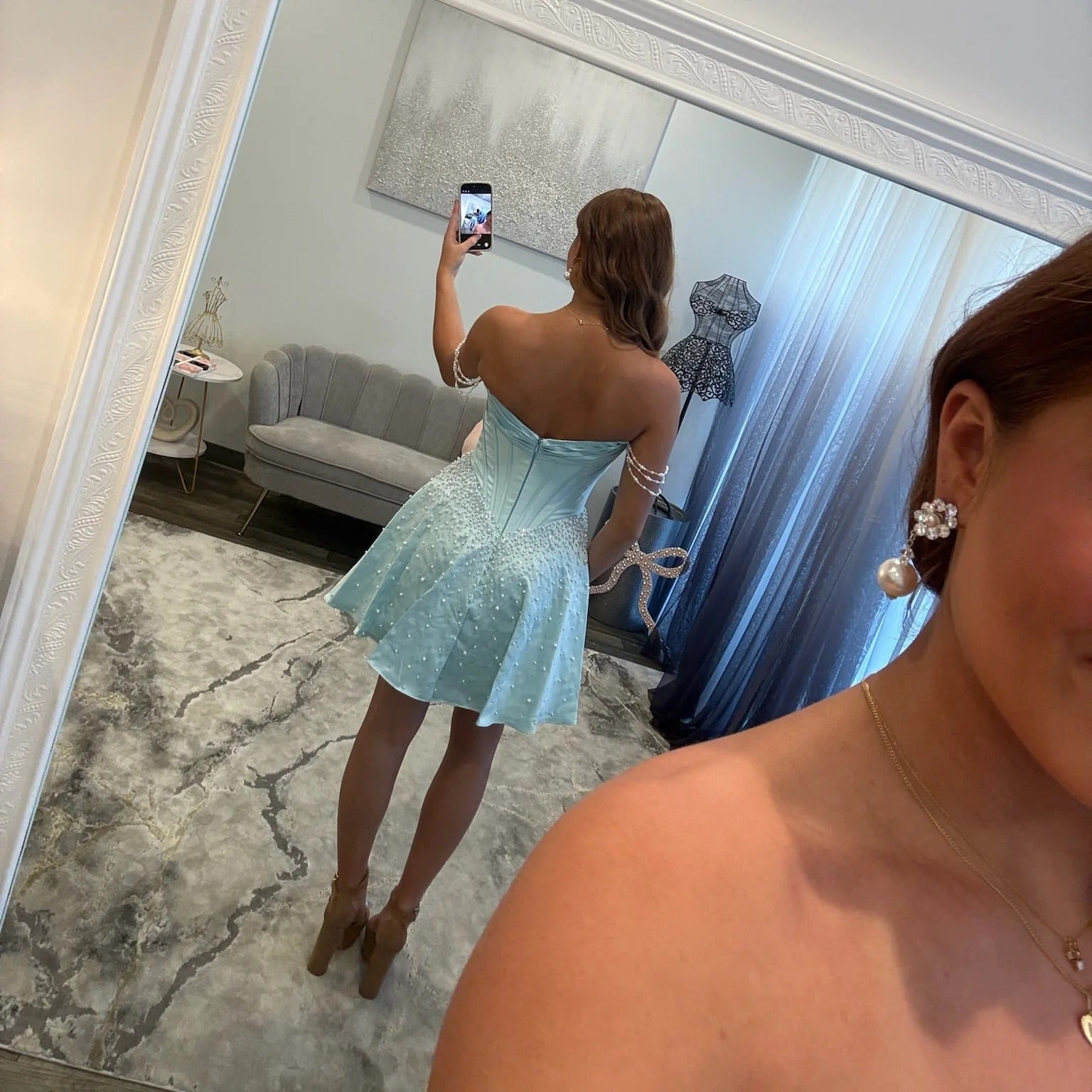 Off-the-Shoulder Ruched Satin Corset Pearl Chain Straps Pearl Beading A-Line Homecoming Dress Mini