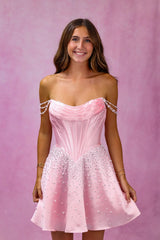 Off-the-Shoulder Ruched Satin Corset Pearl Chain Straps Pearl Beading A-Line Homecoming Dress Mini