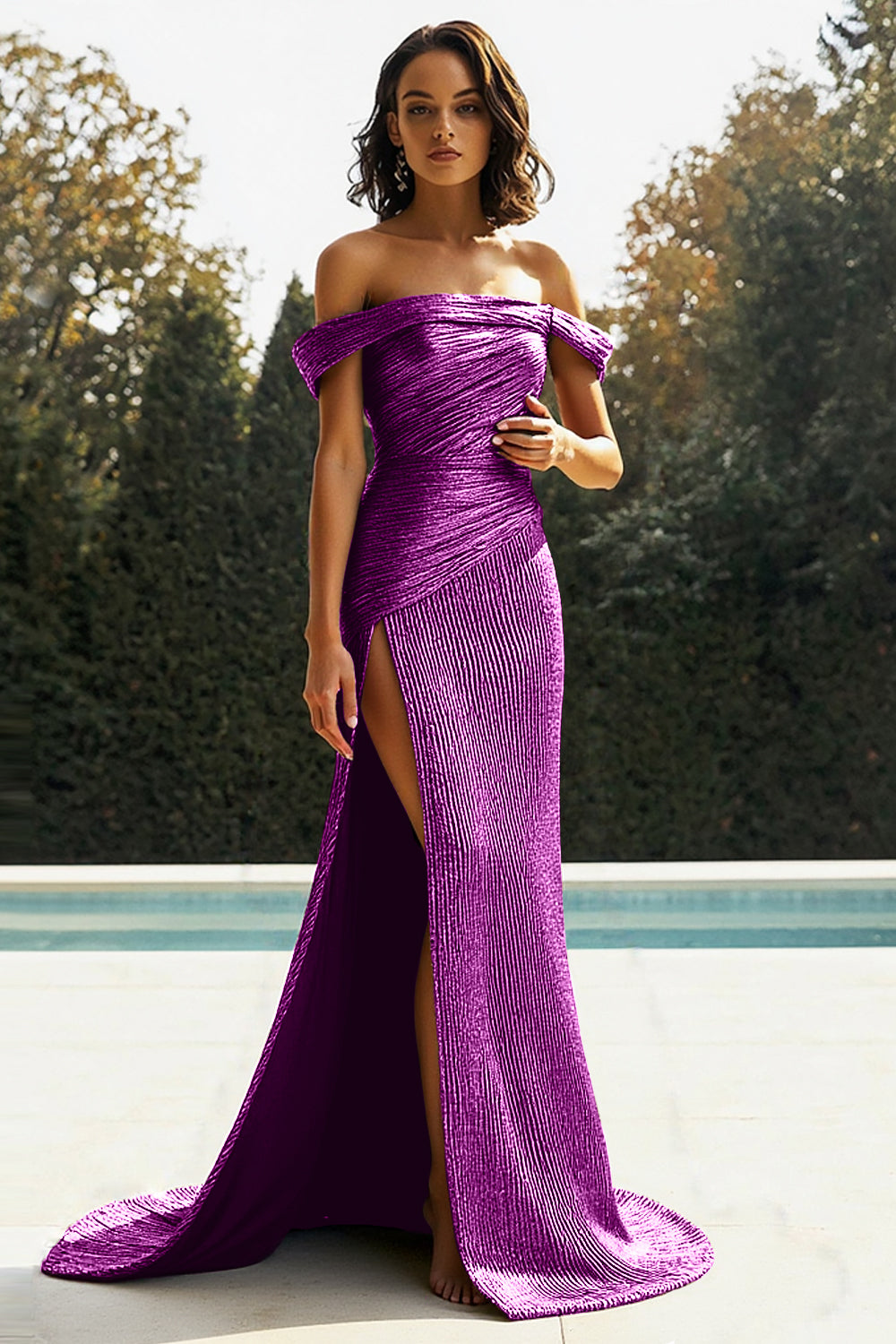 Off-the-Shoulder Ruching Pleated Sequined Column Prom Dress Side Slit Sweep Train Floor Length
