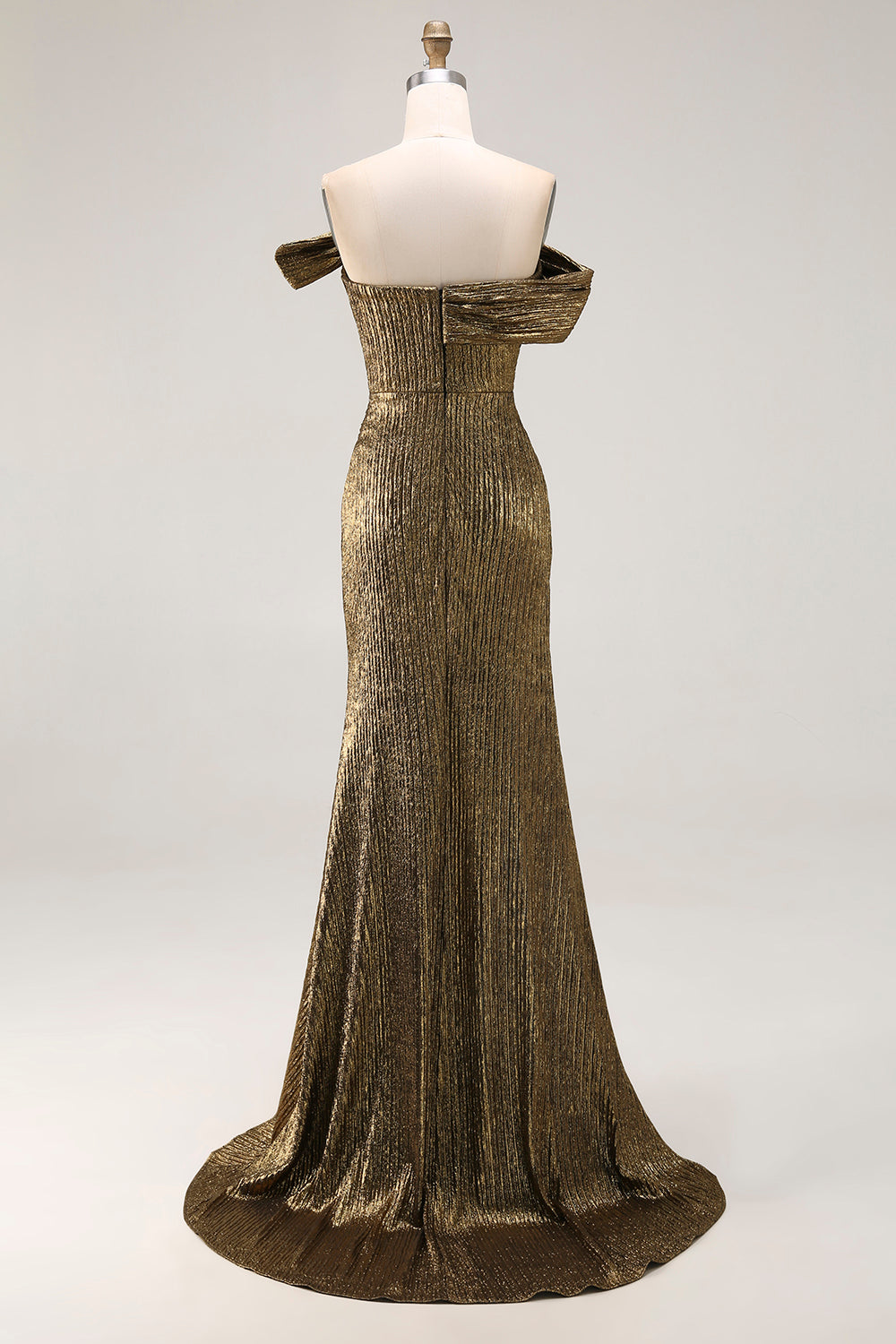 Off-the-Shoulder Ruching Pleated Sequined Column Prom Dress Side Slit Sweep Train Floor Length