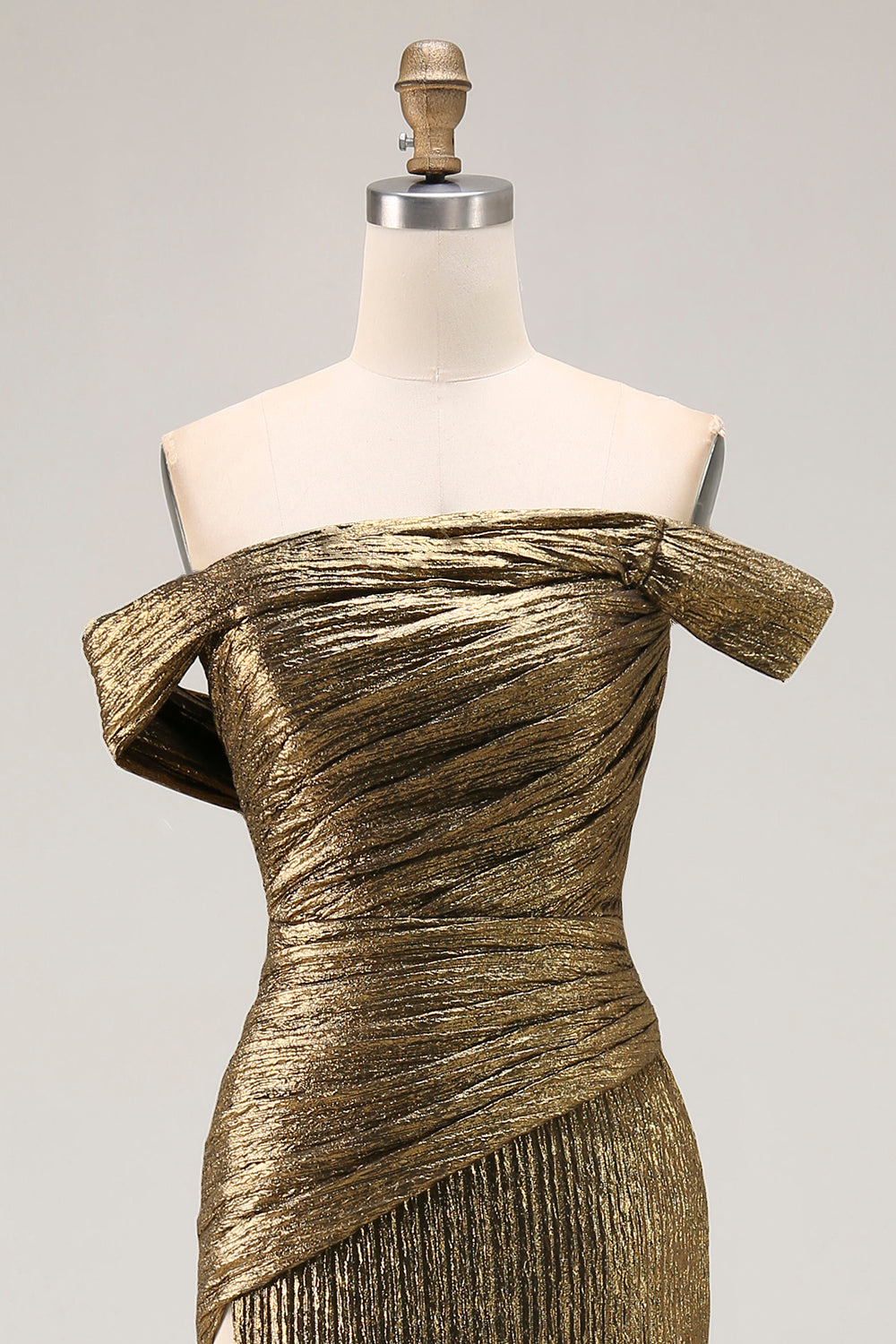 Off-the-Shoulder Ruching Pleated Sequined Column Prom Dress Side Slit Sweep Train Floor Length