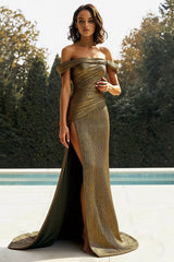 Off-the-Shoulder Ruching Pleated Sequined Column Prom Dress Side Slit Sweep Train Floor Length