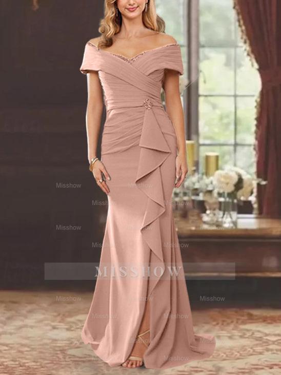 Off-the-Shoulder Ruffled Floor-Length Sheath Dress for the Mother of the Bride